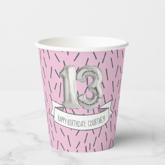 Pink and Grey Balloon Girls 13th Birthday Party Pa Paper Cups (Front)