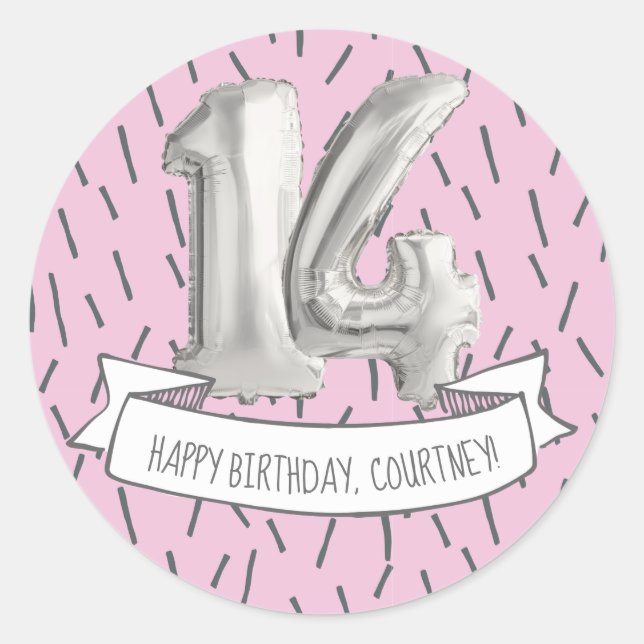 Pink and Grey Balloon Girls 14th Birthday Party Classic Round Sticker (Front)