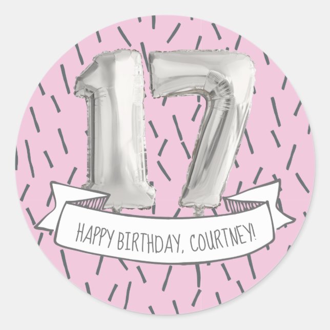 Pink and Grey Balloon Girls 17th Birthday Party Classic Round Sticker (Front)