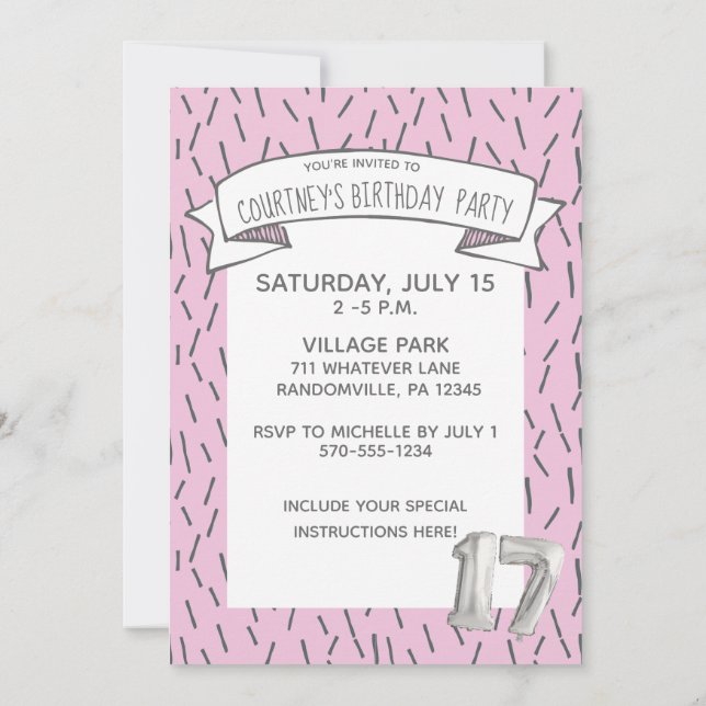 Pink and Grey Balloon Girls 17th Birthday Party Invitation (Back)