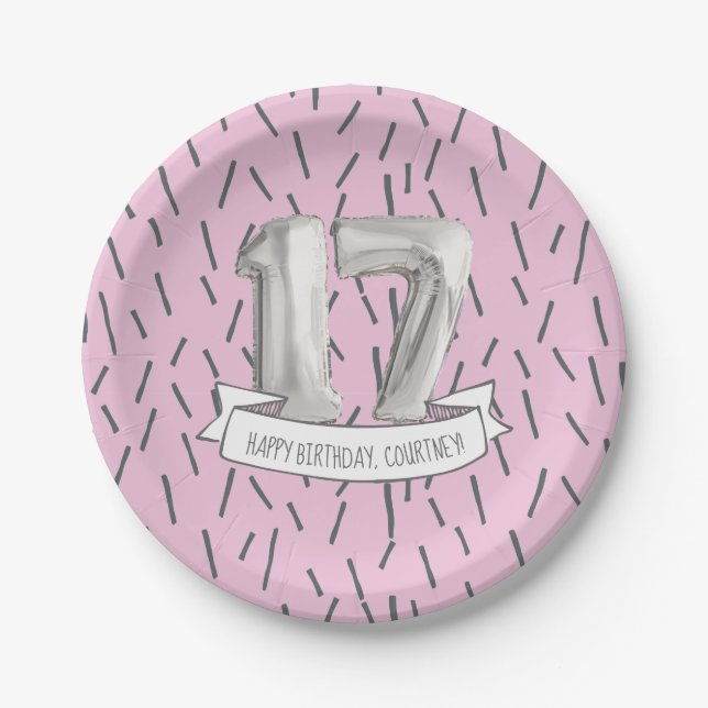 Pink and Grey Balloon Girls 17th Birthday Party Paper Plate (Front)