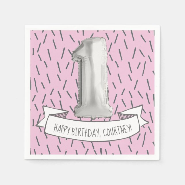 Pink and Grey Balloon Girls 1st Birthday Party Napkin (Front)