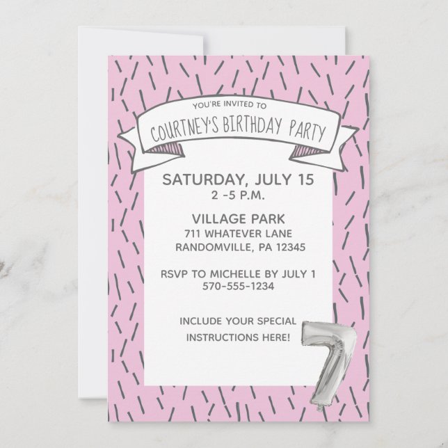 Pink and Grey Balloon Girls 7th Birthday Party Invitation (Back)