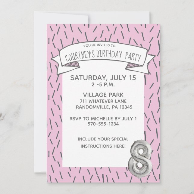 Pink and Grey Balloon Girls 8th Birthday Party Invitation (Back)