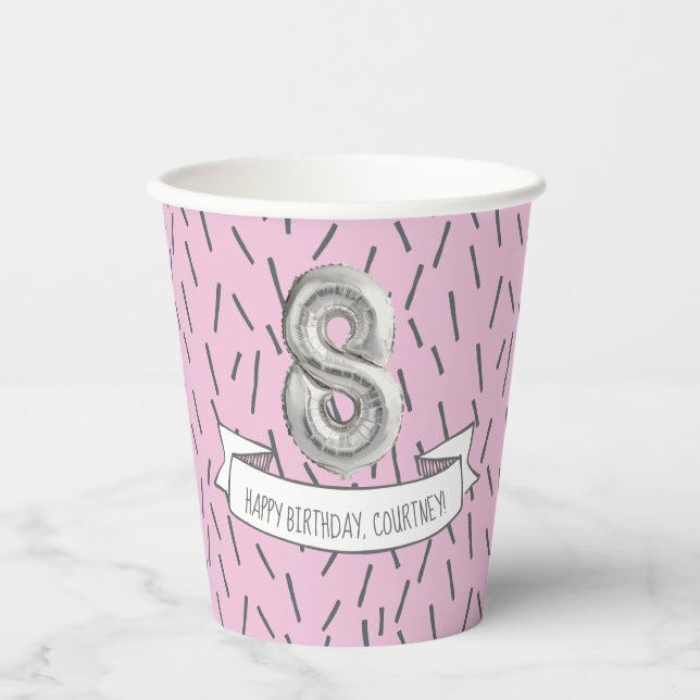 Pink and Grey Balloon Girls 8th Birthday Party Pap Paper Cups (Front)