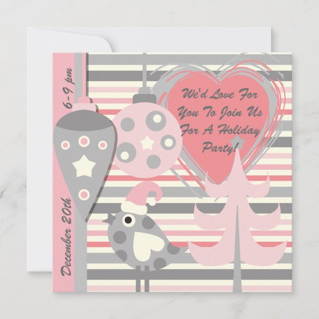Pink and Grey Bird Stripe Holiday Party Invitation (Front)