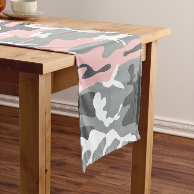 Pink and Grey Camouflage, Military, Army Short Table Runner (In Situ)