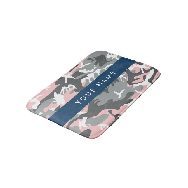 Pink and Grey Camouflage Your name Personalise Bath Mat (Angled)