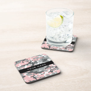 Pink and Grey Camouflage Your name Personalise Coaster