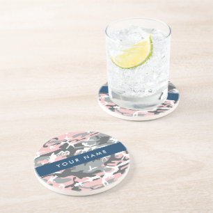 Pink and Grey Camouflage Your name Personalise Coaster