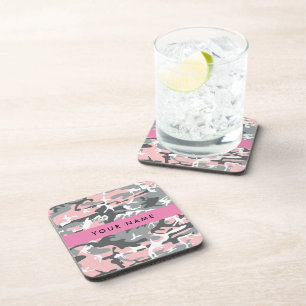 Pink and Grey Camouflage Your name Personalise Coaster