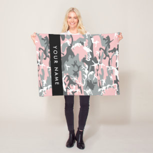 Pink and Grey Camouflage Your name Personalise Fleece Blanket