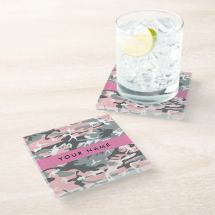 Pink and Grey Camouflage Your name Personalise Glass Coaster
