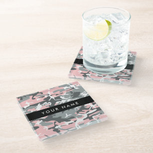 Pink and Grey Camouflage Your name Personalise Glass Coaster