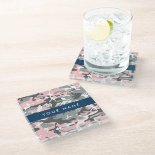 Pink and Grey Camouflage Your name Personalise Glass Coaster