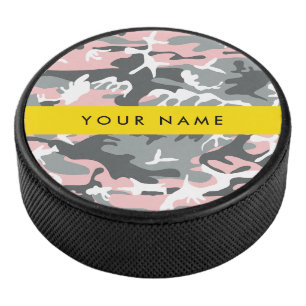 Pink and Grey Camouflage Your name Personalise Hockey Puck