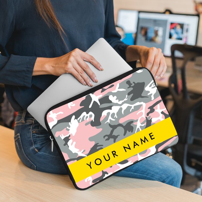 Pink and Grey Camouflage Your name Personalise Laptop Sleeve (Creator Uploaded)
