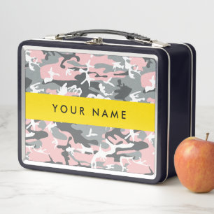 Pink and Grey Camouflage Your name Personalise Metal Lunch Box