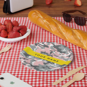Pink and Grey Camouflage Your name Personalise Paper Plate