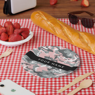 Pink and Grey Camouflage Your name Personalise Paper Plate