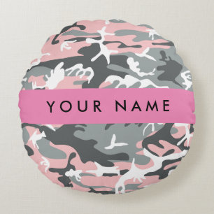 Pink and Grey Camouflage Your name Personalise Round Cushion