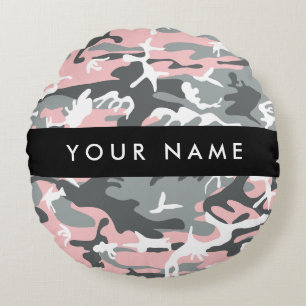 Pink and Grey Camouflage Your name Personalise Round Cushion
