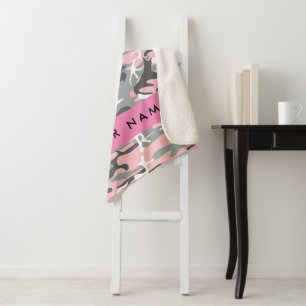 Pink and Grey Camouflage Your name Personalise Sherpa Blanket