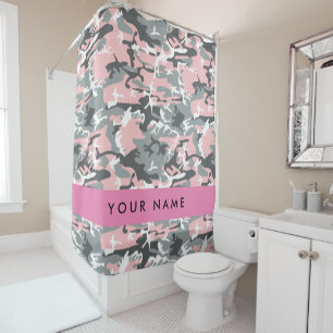 Pink and Grey Camouflage Your name Personalise Shower Curtain