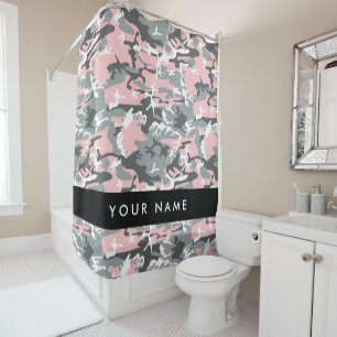 Pink and Grey Camouflage Your name Personalise Shower Curtain