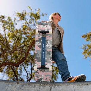 Pink and Grey Camouflage Your name Personalise Skateboard