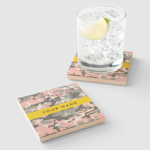 Pink and Grey Camouflage Your name Personalise Stone Coaster