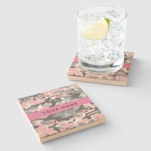 Pink and Grey Camouflage Your name Personalise Stone Coaster
