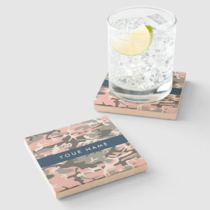 Pink and Grey Camouflage Your name Personalise Stone Coaster