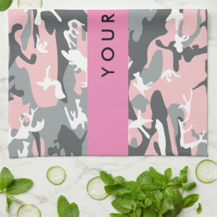 Pink and Grey Camouflage Your name Personalise Tea Towel