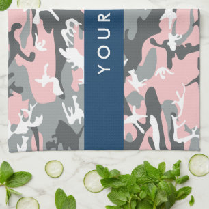 Pink and Grey Camouflage Your name Personalise Tea Towel