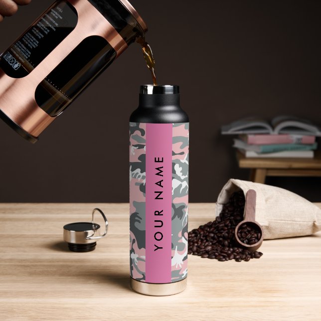 Pink and Grey Camouflage Your name Personalise Water Bottle (Coffee)