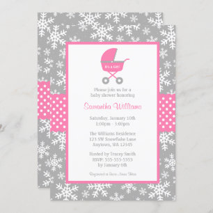 Pink and Grey Carriage Snowflakes Baby Shower Invitation