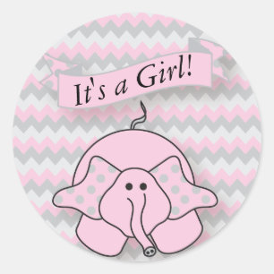 Pink and Grey Chevron Baby Elephant Classic Round Sticker