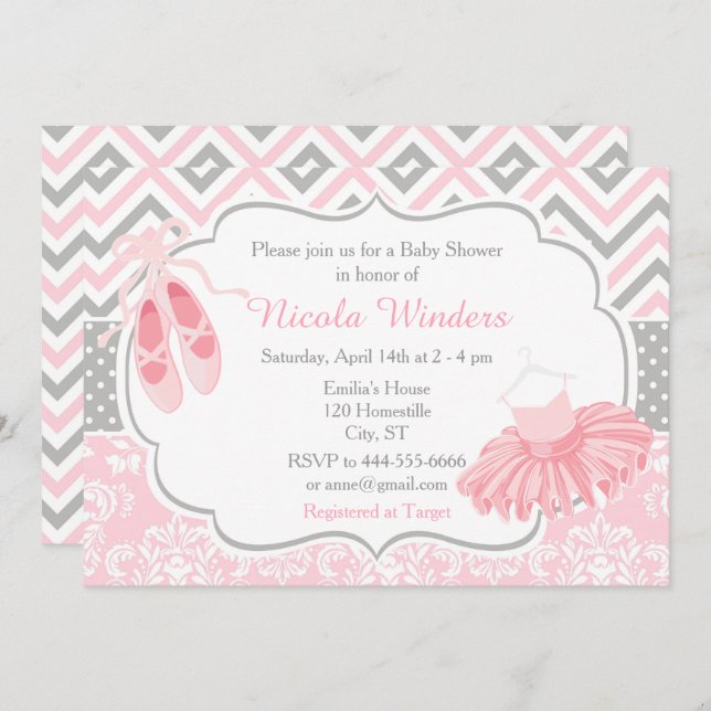 Pink and Grey Chevron Ballerina Baby Shower Invitation (Front/Back)