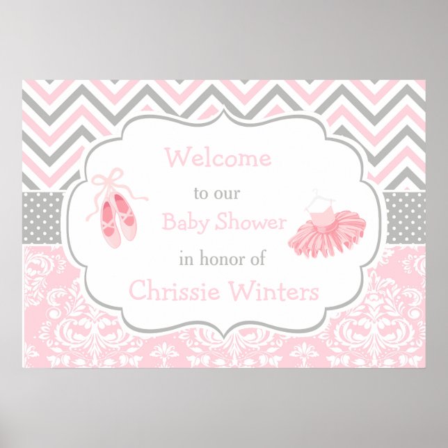 Pink and Grey Chevron Ballerina Baby Shower Poster (Front)