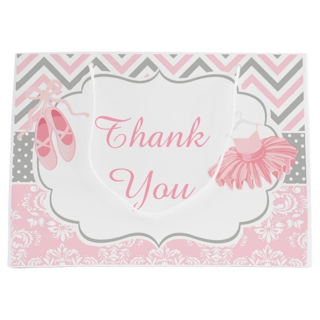 Pink and Grey Chevron Ballerina Thank You Large Gift Bag (Front)