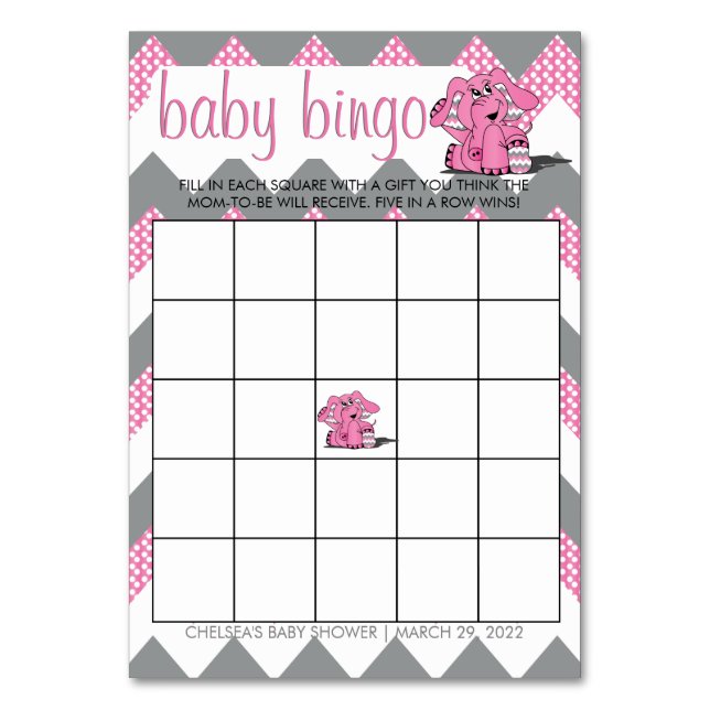 Pink and Grey Chevron Elephant Baby Shower Bingo Table Number (Front)