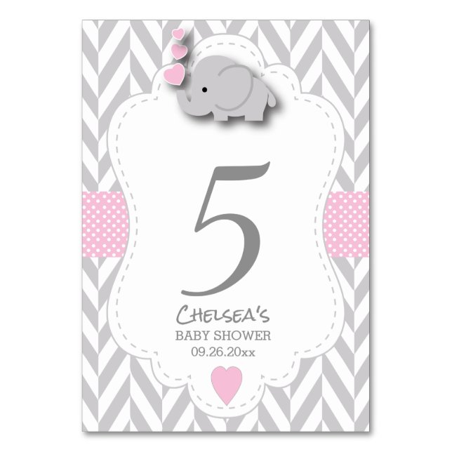 Pink and Grey Chevron Elephant Table Number (Front)