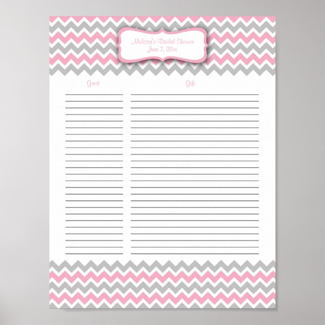 Pink and Grey Chevron Shower Gift List Poster (Front)
