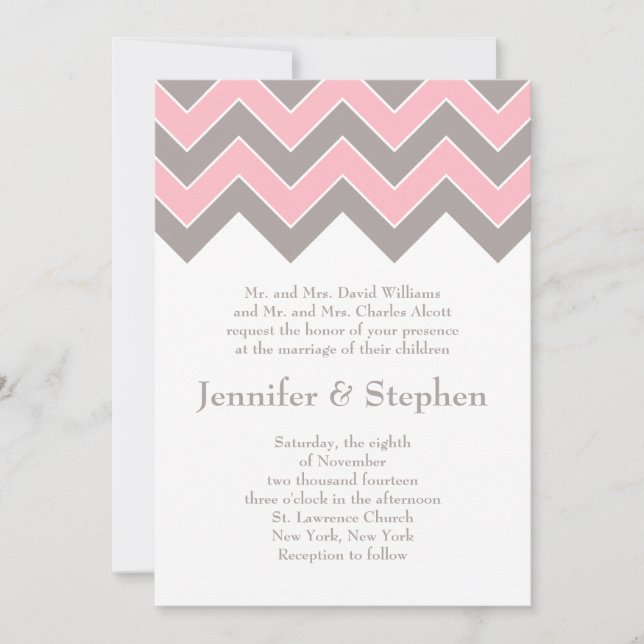 Pink and Grey Chevron Wedding Invitation (Front)