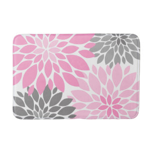 Pink and Grey Chrysanthemums Floral Pattern Bath Mat