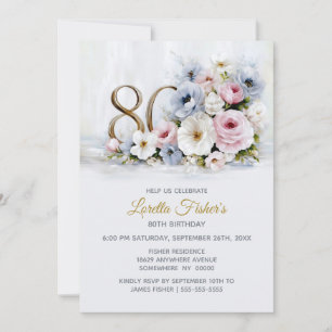 Pink and Grey Country Floral 80th Birthday Party Invitation