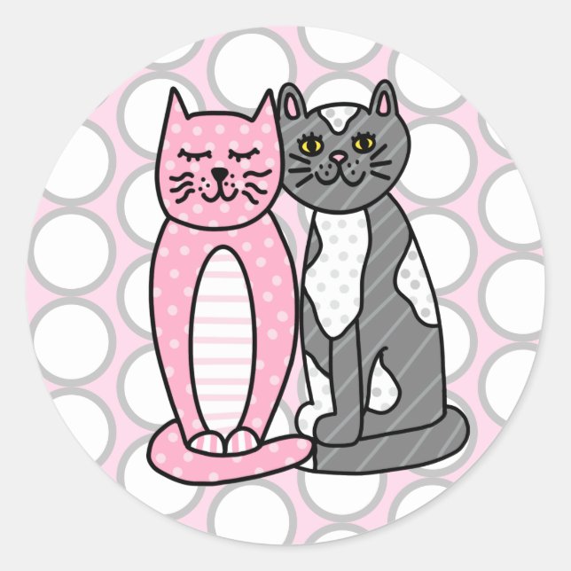 Pink and Grey Cuddly Cute Kitty Cats   Classic Round Sticker (Front)