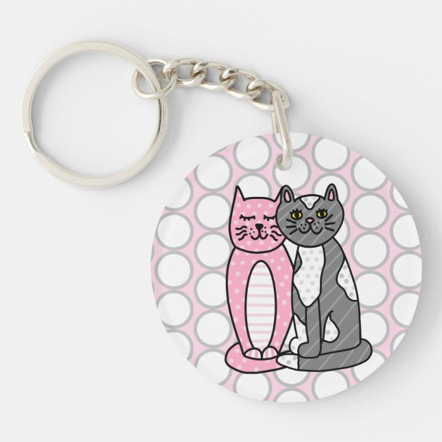 Pink and Grey Cuddly Cute Kitty Cats     Key Ring (Front)