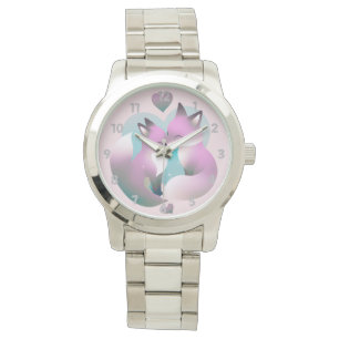 Pink And Grey Cute Foxes Kissing Valentine Watch